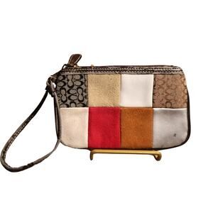 Coach Signature C Jacquard Patchwork Wristlet Wallet Pouch Brown Leather Cowgirl